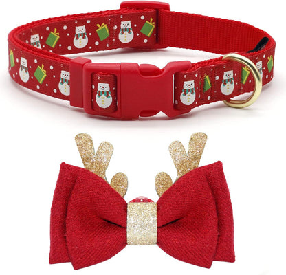 FurTip Christmas Dog Collar with Christmas Bow Tie